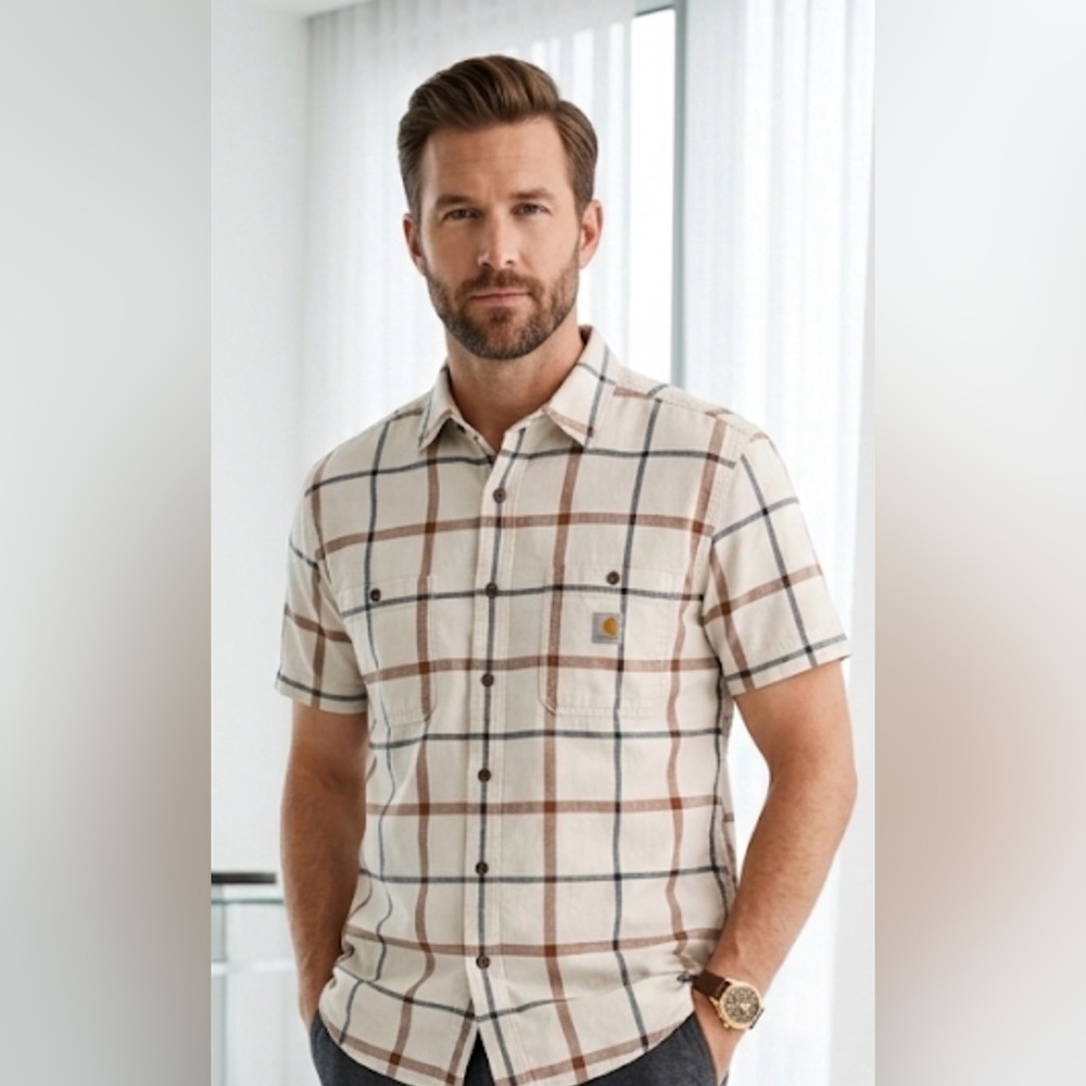 Carhartt Beige and Brown Plaid Button Down Shirt